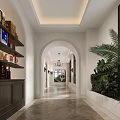 Elegant Shopping Mall Corridor With Arched Doorways Chandeliers And Marble Flooring