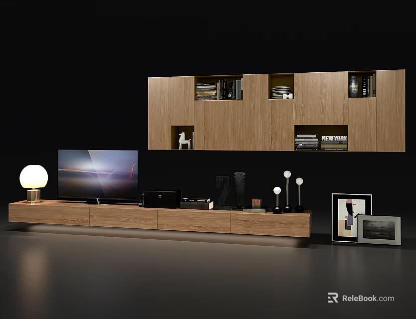 Modern Wooden TV Stand With Wall Mounted Cabinet Storage And Decorations 3d model 
