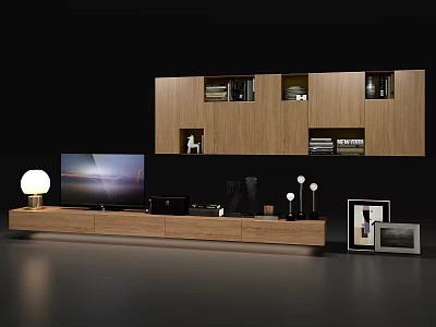 Modern Wooden TV Stand With Wall Mounted Cabinet Storage And Decorations 3d model