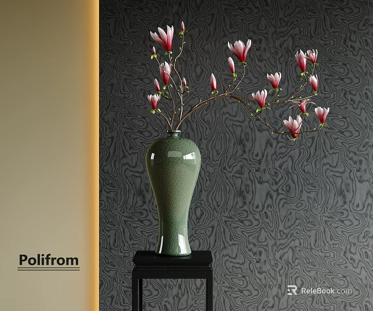 Green Vase With Pink Flowers On Black Table Against Textured Dark Wallpaper 3d model 