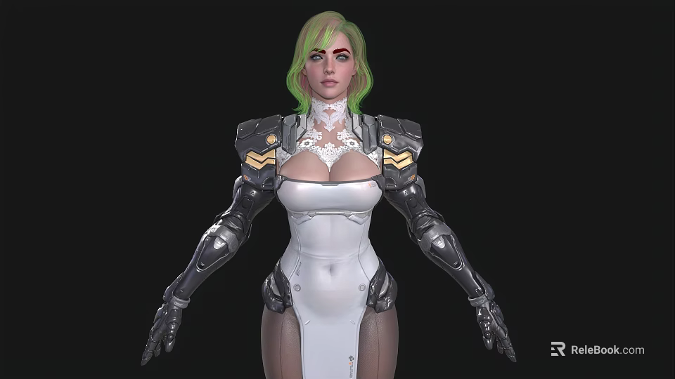 Woman With Green Hair Wearing White Bodysuit And Silver Gold Mechanical Armor Against Black Background 3d model 
