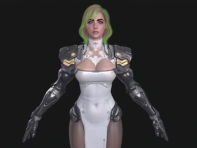 Woman With Green Hair Wearing White Bodysuit And Silver Gold Mechanical Armor Against Black Background 3d model