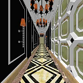KTV Corridor With Luxurious Decor Chandeliers And Geometric Floor Pattern 3d model