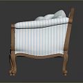 Classic Blue And White Striped Sofa With Wooden Arms And Curved Legs