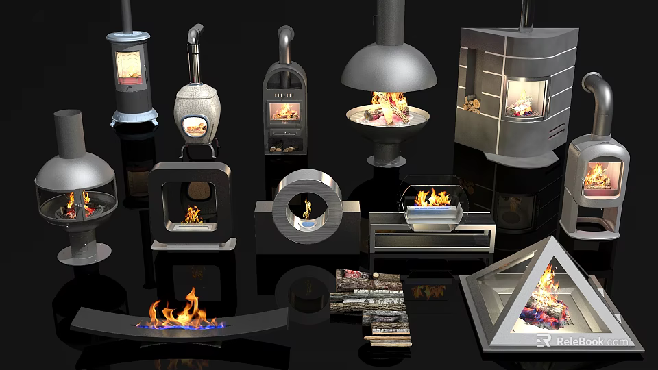 Various Modern Fireplace Designs With Different Shapes And Burning Flames 3d model 
