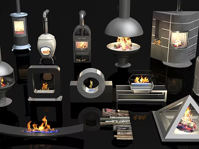 Various Modern Fireplace Designs With Different Shapes And Burning Flames 3d model