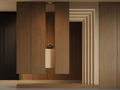 Modern Entryway Interior With Wooden Panels Recessed Lighting And Small Plant Decor 3d model