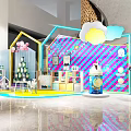 Vibrant Retail Window Display Decoration With Striped Backdrop Balloons Star Decor And Product Shelves