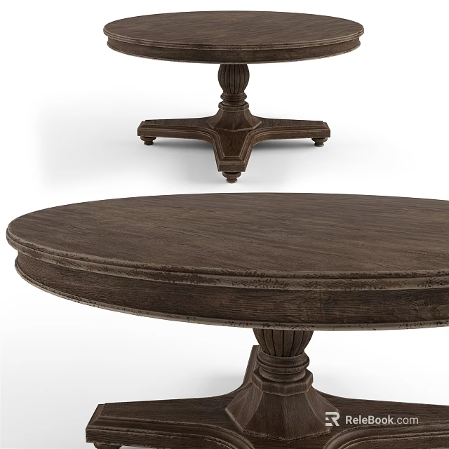 Round Dark Brown Solid Wood Coffee Table With Carved Decorative Base 3d model