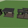Modern Pavilion With Black Pillars Wooden Platform And Cloud Pattern On Green Grass 3d model