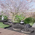 Karesansui Garden With Cherry Blossom Red Maple Trees Bamboo Fence Wooden Platform And Tea Set