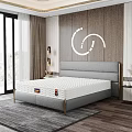 Modern Double Bed with Wooden Wall White Decorative Lines and Window Curtain in Bedroom