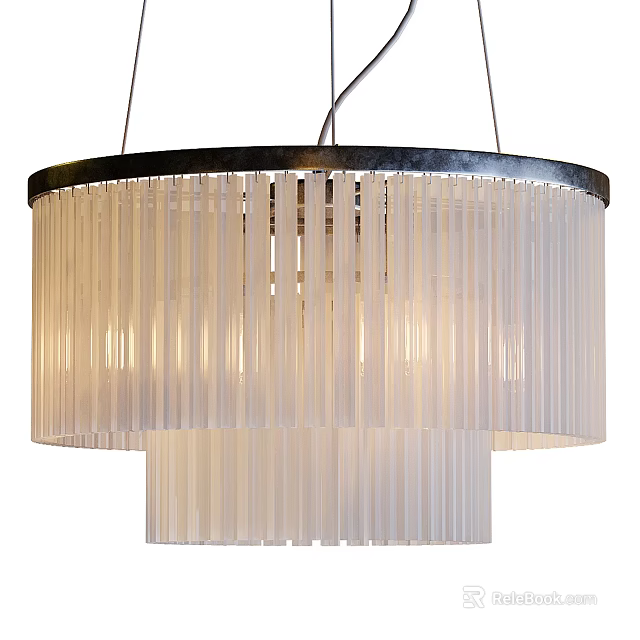 Modern Double Layer Circular Chandelier With White Elongated Strip Shades And Black Metal Ring 3d model 