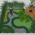 Rooftop Garden Design With Wooden Deck Hanging Chair Hanging Plants Flowers Shrubs And Stone Path
