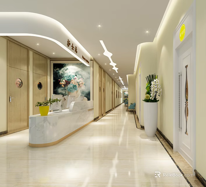 Modern Lobby Interior With Reception Desk Flower Vase Decorative Painting And Corridor 3d model 