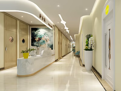 Modern Lobby Interior With Reception Desk Flower Vase Decorative Painting And Corridor 3d model