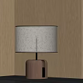 Table Lamp With Wooden Base And Beige Patterned Shade On Black Shelf Near Window Blinds