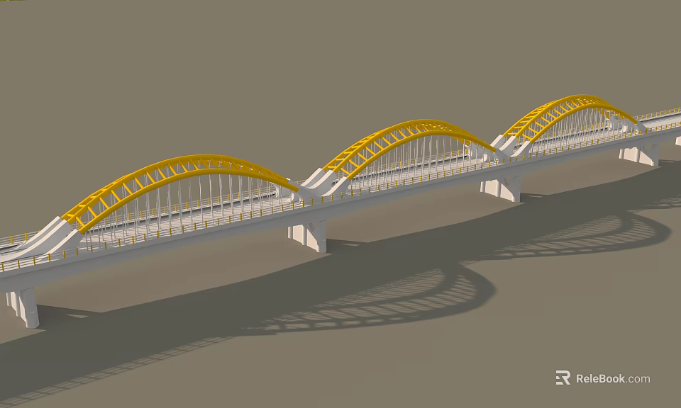 Modern Bridge Featuring Three Yellow Arches And White Railings Design 3d model 