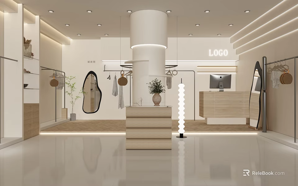 Minimalist Clothing Store Interior With White Column Clothing Racks Mirrors And Display Stand 3d model 
