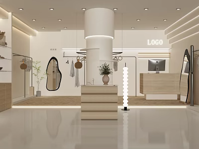 Minimalist Clothing Store Interior With White Column Clothing Racks Mirrors And Display Stand 3d model