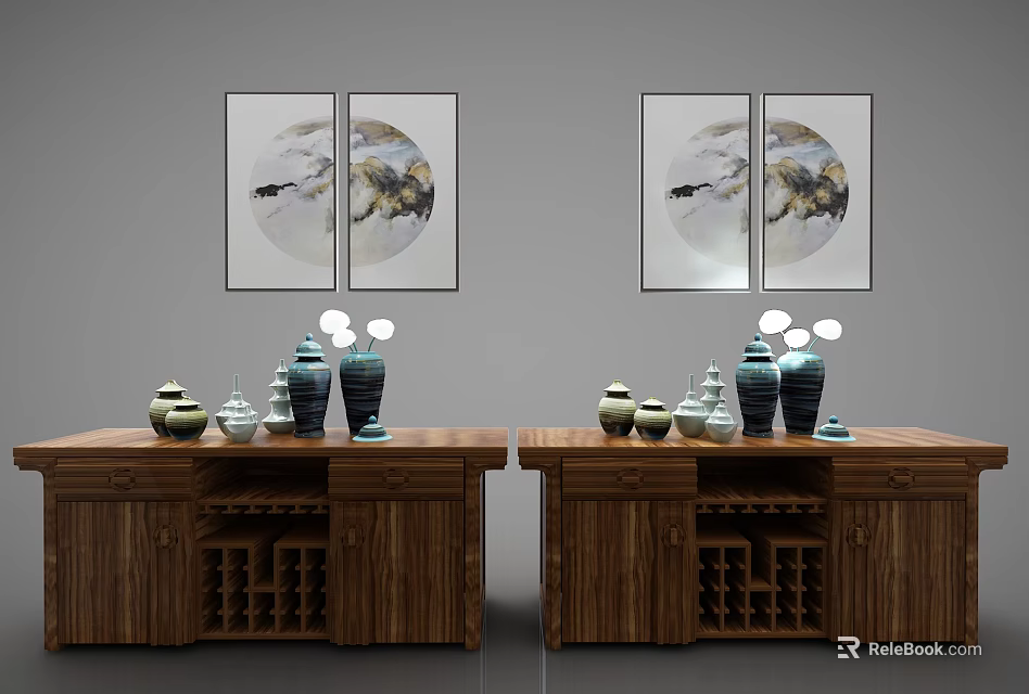 Wooden Decorative Cabinets With Vases Ornaments And Wall Paintings In Interior 3d model 