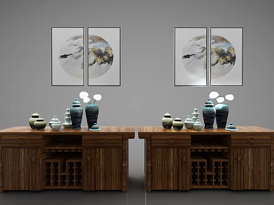 Wooden Decorative Cabinets With Vases Ornaments And Wall Paintings In Interior 3d model