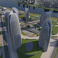 Aerial City Planning View With River Islands High Rise Buildings And Green Spaces