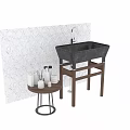 Black Washbasin on Wooden Stand with Geometric Tile Wall and Small Round Table Toiletries