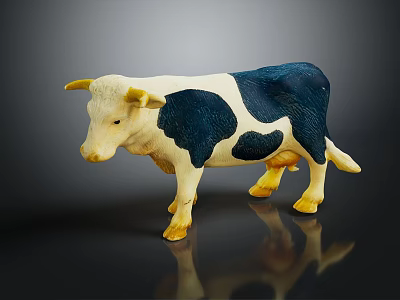 White And Blue Spotted Cow Model With Yellow Horns On Dark Surface 3d model