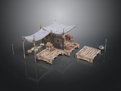Ancient Fishing Village Structure With Canvas Tent Wooden Platforms And Storage Crates 3d model