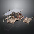 Ancient Fishing Village Structure With Canvas Tent Wooden Platforms And Storage Crates