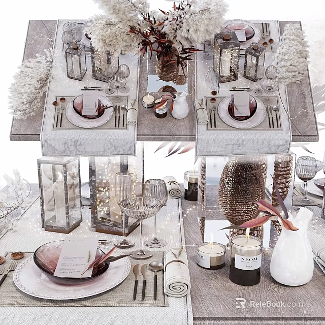 Elegant Dinnerware Set Arrangement On Dining Table With Wine Glasses Candles And Floral Decor 3d model 