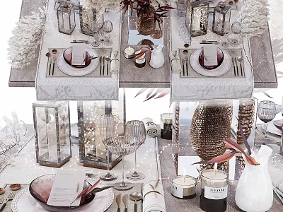 Elegant Dinnerware Set Arrangement On Dining Table With Wine Glasses Candles And Floral Decor 3d model