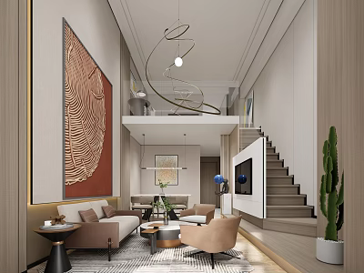 Elegant Modern Apartment Interior With Open Living Room Sofa Coffee Table Artwork Staircase and Hanging Light 3d model
