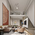 Elegant Modern Apartment Interior With Open Living Room Sofa Coffee Table Artwork Staircase and Hanging Light