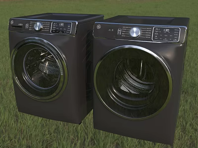 Two Modern Black Front Load Washing Machines Placed On Green Grass 3d model