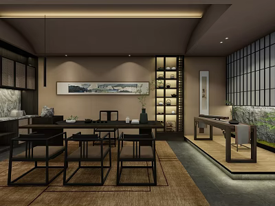 Chinese Style Private Room Interior Design With Tables Chairs And Decorative Painting 3d model