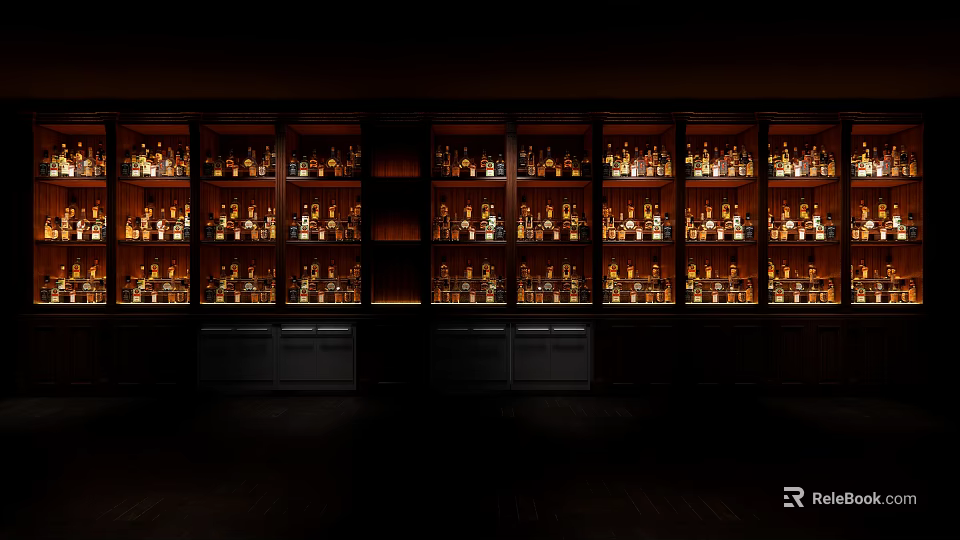 Illuminated Modern Wine Cabinet Lined With Various Wine Bottles In Dark Room 3d model 