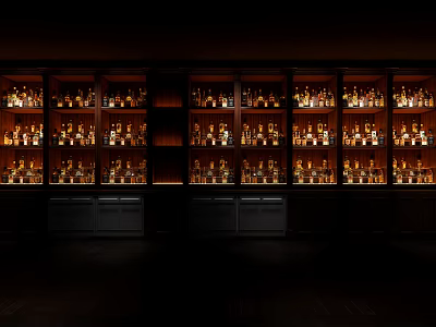 Illuminated Modern Wine Cabinet Lined With Various Wine Bottles In Dark Room 3d model