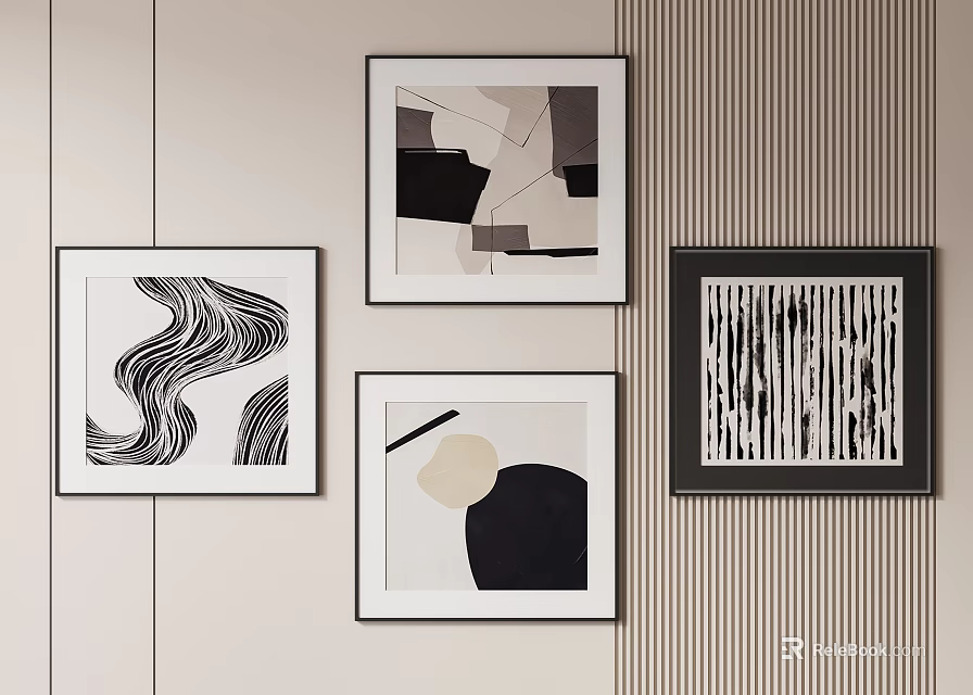 Modern Abstract Paintings With Geometric Shapes And Black White Tones For Home Wall Decor 3d model 