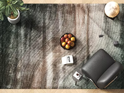 Square Rug In Modern Living Space With Potted Plant Fruit Bowl And Black Chair 3d model