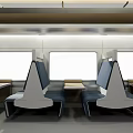 Modern Train Interior With Blue Seats Tables And Large Windows
