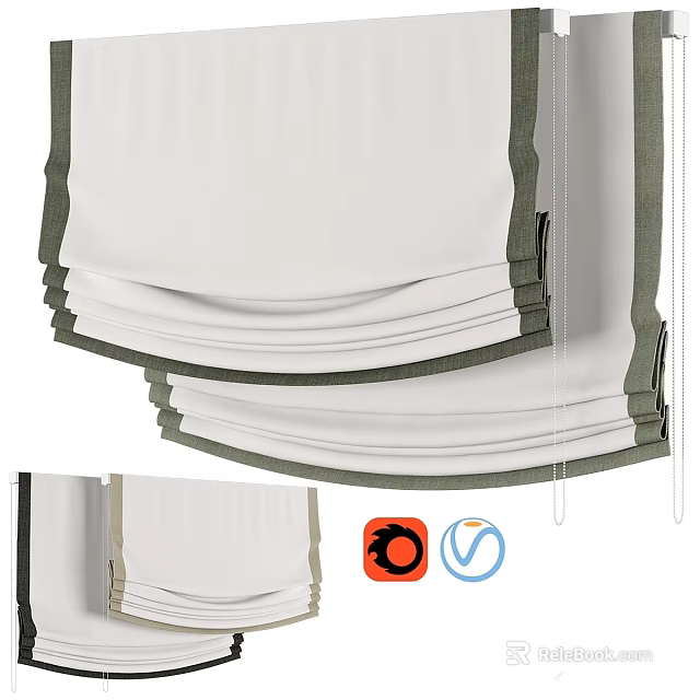White Curtains With Dark Green Trim Pleated Design For Elegant Home Decor 3d model 