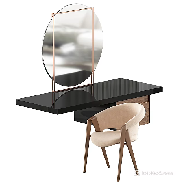Modern Black Dressing Table With Round Mirror Metal Frame And Beige Chair Wooden Legs 3d model 