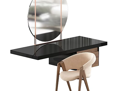 Modern Black Dressing Table With Round Mirror Metal Frame And Beige Chair Wooden Legs 3d model