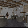 Warm Café Interior Design With Wooden Beams Staircase And Rattan Decor