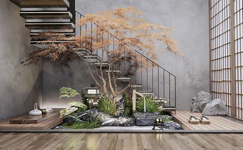 New Chinese style landscape sketch courtyard landscape sketch staircase landscape dry landscape stone landscape maple tea table plant landscape fern 3d model