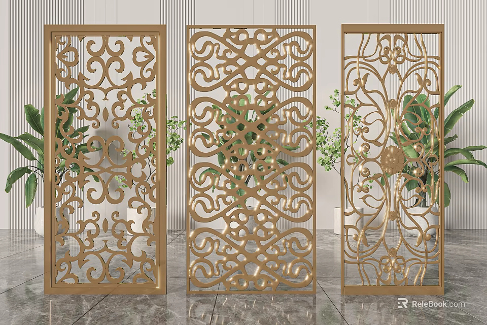 Golden Decorative Room Dividers With Intricate Cutout Patterns And Plant Background 3d model 
