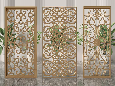Golden Decorative Room Dividers With Intricate Cutout Patterns And Plant Background 3d model