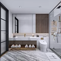 Modern Bathroom Interior With Marble Double Vanity Wooden Cabinets Large Mirror And Shower Area